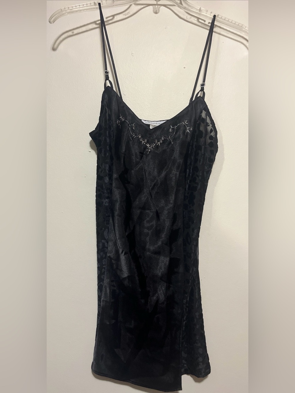 Maidenform Black Satin Slip with Silver Floral Embroidery and Sheer Sides